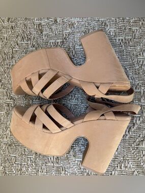 Bamboo Beige Buckle Block Sandals for Women Faux Suede Strappy (Size 6) Nude